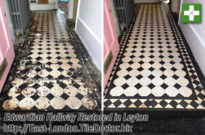 Edwardian Floor Covered in Bitumen Before and After Restoration in Leyton E10